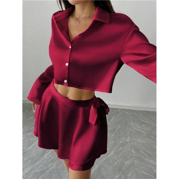 Variété Boutique Dresses & Skirts - 2pcs Women 1-Button Satin Blouse & Mini Skirt Set, Autumn